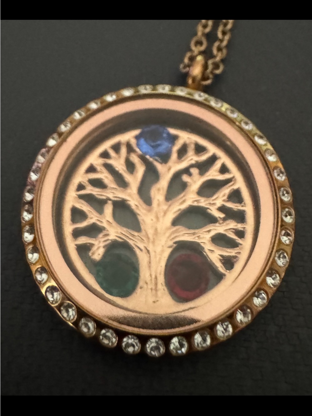 Rose Gold Tree of Life Pendant with Red, Blue, and Green Accents